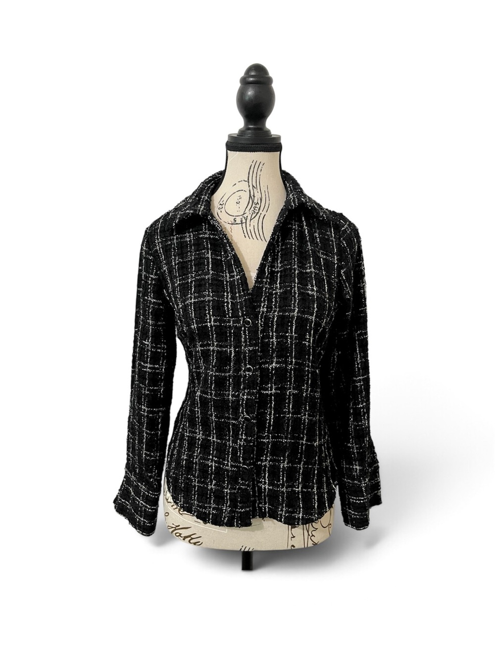ZARA Woman Fitted Structured Plaid Tweed Shirt Black White Button Blouse Size